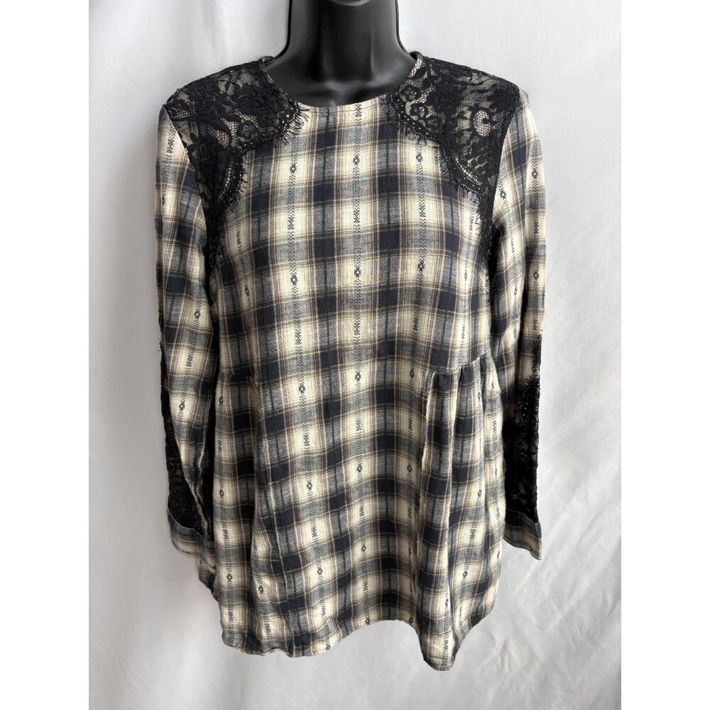 Zara Black Plaid Lace Long Sleeve Top Blouse Size S Classic Flowy Modest Peasant